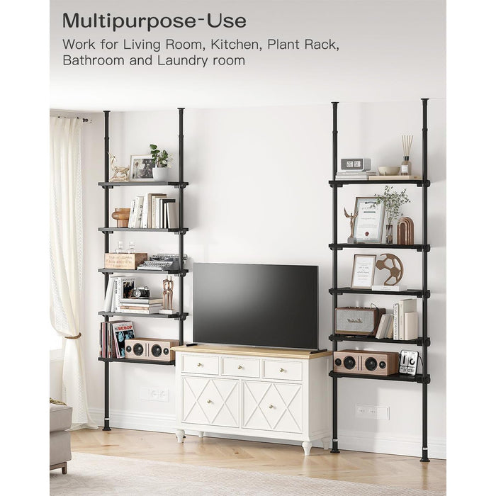 5 Tiers Narrow Bookshelf, Tall Adjustable Ladder Book Shelf with Open Storage, Floor to Ceiling Tension Mount, Wooden Industrial Bookcase for Living Room, 92 to 116 Inch, Black