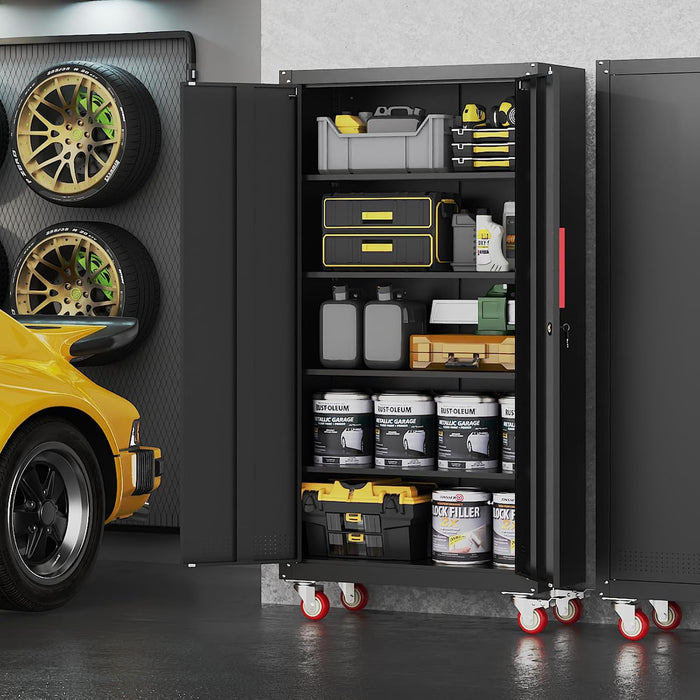 SeventyOneInch Black Metal Garage Cabinet Locking Wheels