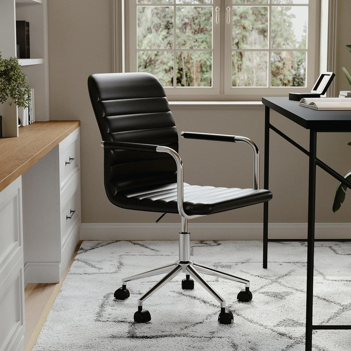 Taytum Swivel Task Chair with Armrests for Home Office in Black Faux Leather with Polished Nickel Frame