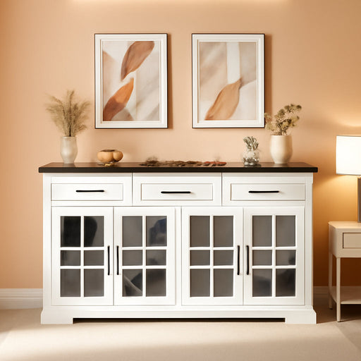 63" Sideboard Buffet Cabinet with Glass Doors, Farmhouse Large Buffet Table with 3 Storage Drawers, Modern Coffee Bar Wine Bar Cabinet with Adjustable Shelves for Kitchen, Dining Room, White