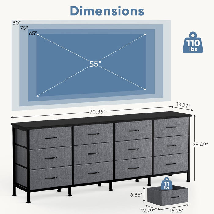 TV Stand Dresser with 12 Fabric Drawers, Large Fabric TV Consoles for Living Room & Bedroom up to 80'' Tvs, Wood Top Entertainment Center in 70.86" D X 13.77" W X 26.49" H, Grey