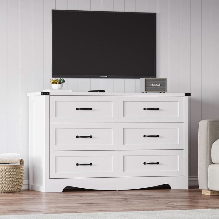 6-Drawer Dresser for Bedroom – 47" Wide Modern Wooden Chest with Natural Wood Texture, TV Stand & Storage, Metal Corner Brackets, Wood Drawer Organizer for Living Room, Hallway