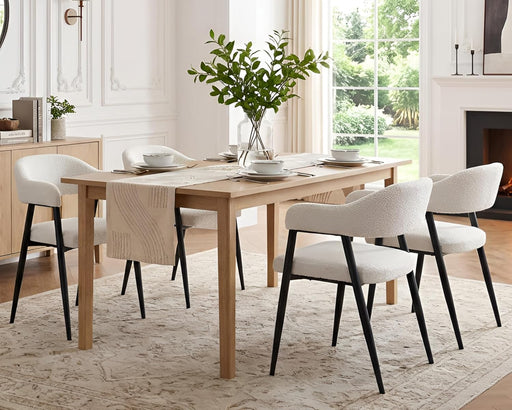 Modern Dining Room Arm Chairs Set of 4, Faux Sherpa Boucle Upholstered Barrel Dining Chairs with Arms Mid-Century White Accent Chair with Metal Legs, Open-Back Kitchen Side Chair for Living Room