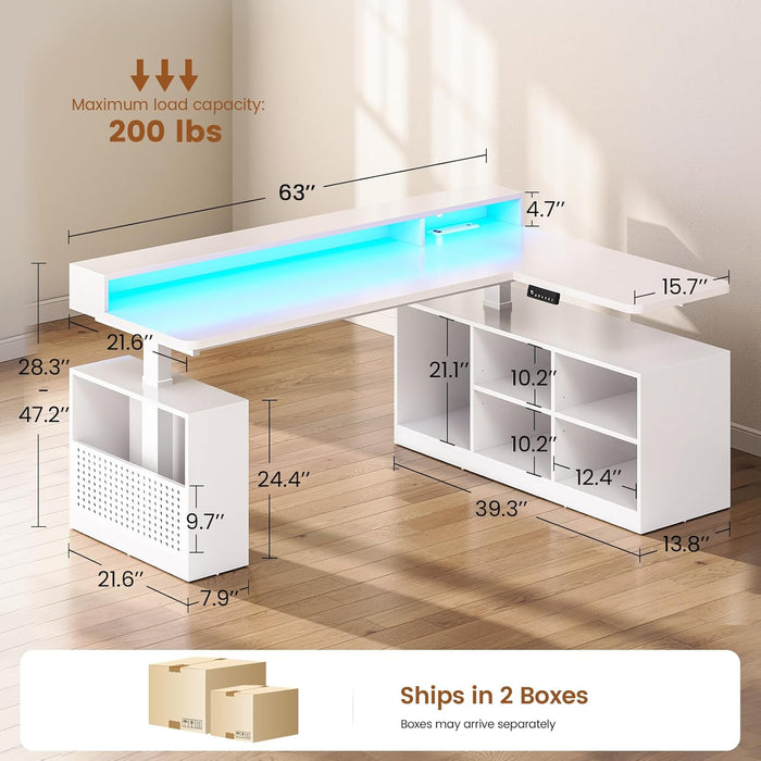 L Shaped Electric Standing Desk, 63 Inch Height Adjustable Corner Computer Desk with Storage Shelves and LED Lights, Corner Gaming Desk with Power Outlet and Pegboard for Home Office, White