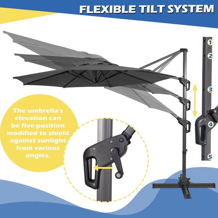 10Ft Cantilever Patio Umbrella, 360° Rotation & Integrated Tilting System Offset Umbrella with 8 Sturdy Ribs, Fade-Resistant & Waterproof for Garden Backyard Poolside Deck