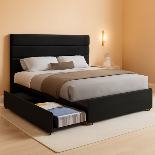 Full Size Upholstered Bed Frame with 4 Storage Drawers and Headboard, Velvet Platform Bedframe, Sturdy Metal & Wooden Slats Support, No Box Spring Needed, Easy Assembly, Black