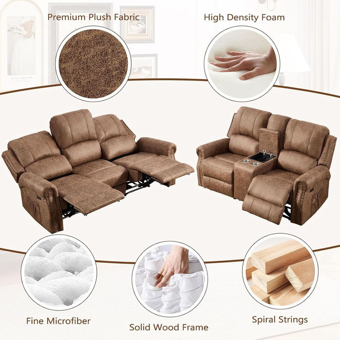 3-Piece Power Reclining Sofa Set with Rivets, Included Electric Massage Recliners, Loveseat Couch with Console and 3-Seater Recliner Sofa, Faux Leather Living Room Furniture Set, Brown