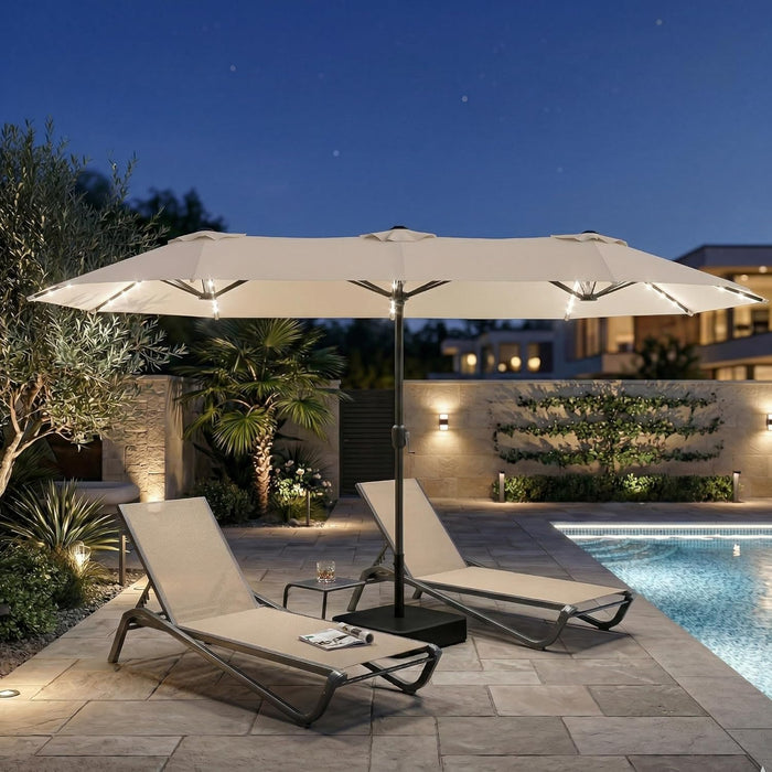 15FT Large Outdoor Patio Umbrella with Solar Lights and Base, Double-Sided Table Umbrellas with 48 LED Lights, Rectangle Market Umbrella for Pool, Deck, Backyard