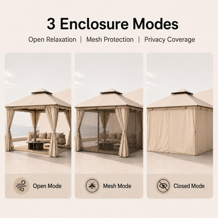 10'X10' Outdoor Gazebo, Heavy Duty Metal Patio Canopy Tent Shelter with Double Roof, Mosquito Netting & Privacy Curtains for Backyard, Garden, Deck, Lawn, Khaki