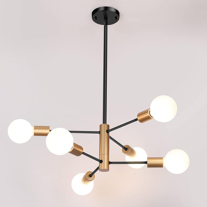 6-Light Sputnik Chandelier, Black and Gold Chandeliers Pendant Lighting, Modern Farmhouse Dinning Room Light Fixture Mid Century Brass, Height Adjustable for Living Room Bedroom Kitchen Island