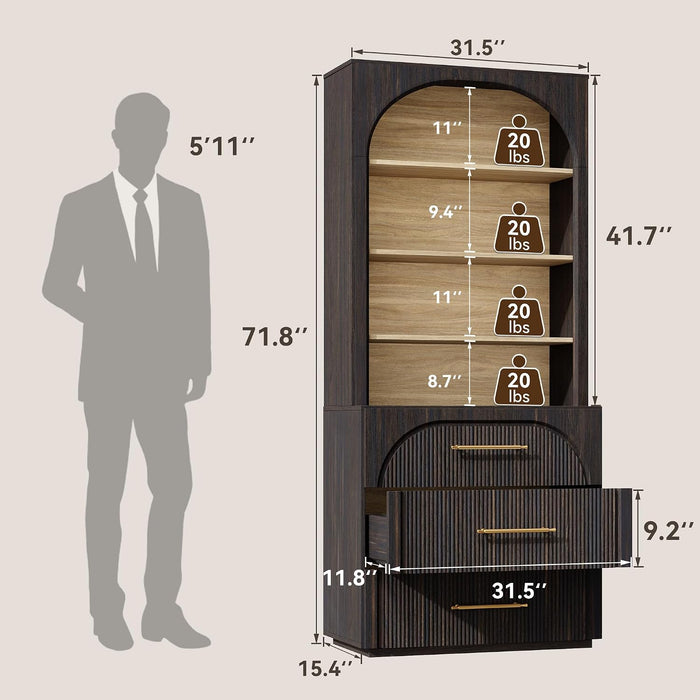 72" Tall Arched Storage Cabinet with Hutch, Bookcase with Open Shelves