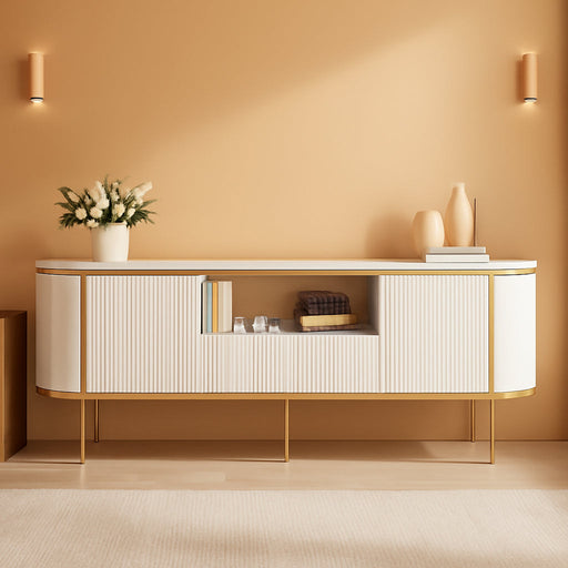 White Tv Stands for Living Room: 70" Tv Console Table with Storage, Modern Entertainment Center with Doors, Fluted Media Console Cabinet with Metal Legs (White, 70 Inch TV Stand)