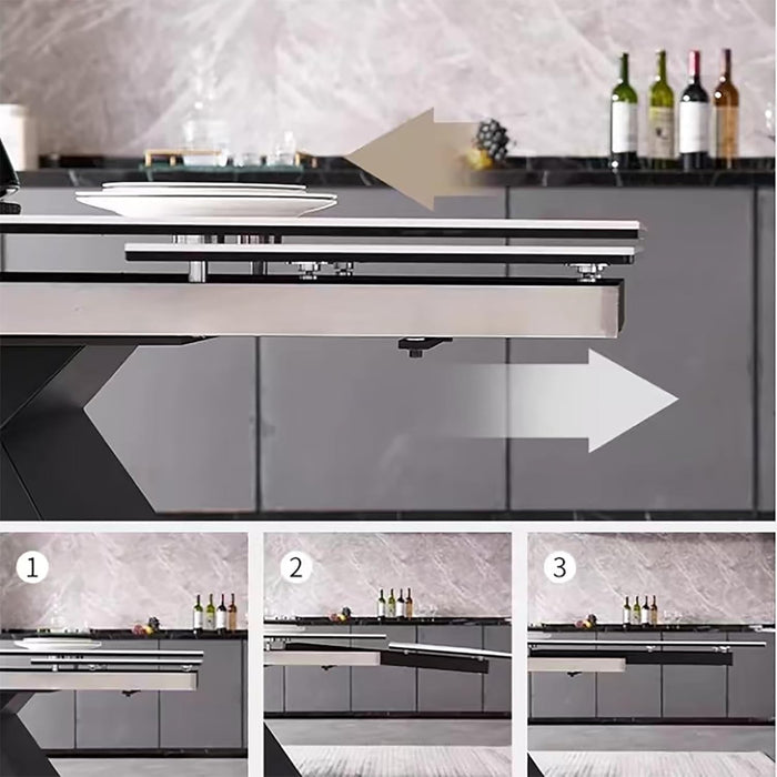 Extendable Dining Table for 8-12 Seat, Flexible Stretch, Tabletop Made from Rock Plate and Tempered Glass, Solid Carbon Steel Base, 35.4" D X 94.5" W X 30" H, White Top