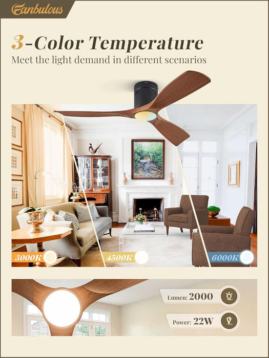 52" Ceiling Fans with Lights and Remote Control,Modern Flush Mount Ceiling Fan with 3 LED Colors,Outdoor Low Profile Ceiling Fans with 6-Speeds Timer DC Motor for Bedroom Living Room Patio