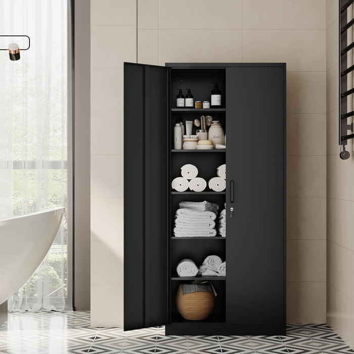 Metal Storage Cabinet-72” Tall Steel File Cabinet with Lockable Doors and Adjustable Shelves-Black Steel Storage Cabinet for Home, School, Office, Garage