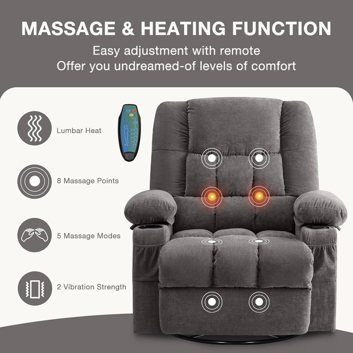 Massage Rocker Recliner Chair with Vibration Massage and Heat for Living Room Swivel Recliner Chair with Rocking Function and 2 Cup Holders, Side Pocket, USB Charge Port