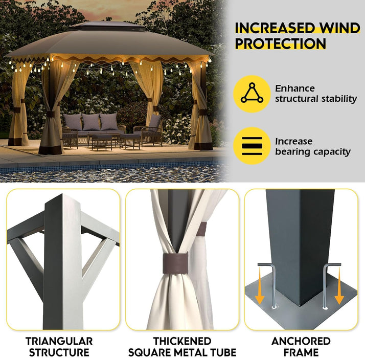 Outdoor Patio Gazebo 10×13 Heavy Duty Gazebos with Mosquito Netting & Double Roof Metal Steel Frame Canopy Gazebo Tent Shelter for Patio Lawn Backyard Garden