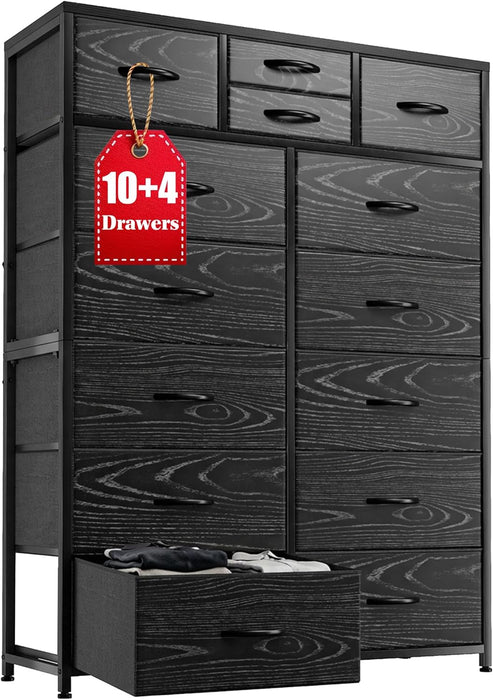 Black Dresser with 10+4 Storage Drawers, Chest of Drawers, Sturdy Metal Frame & Wood Top, Bedroom, Hallway, Closets, Living Room, 52.2" H X 37.4" W X 11.8" D