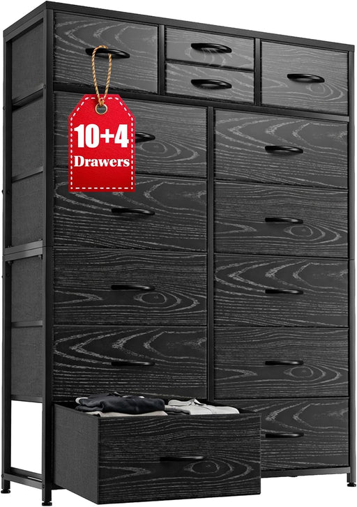 Black Dresser with 10+4 Storage Drawers, Chest of Drawers, Sturdy Metal Frame & Wood Top, Bedroom, Hallway, Closets, Living Room, 52.2" H X 37.4" W X 11.8" D