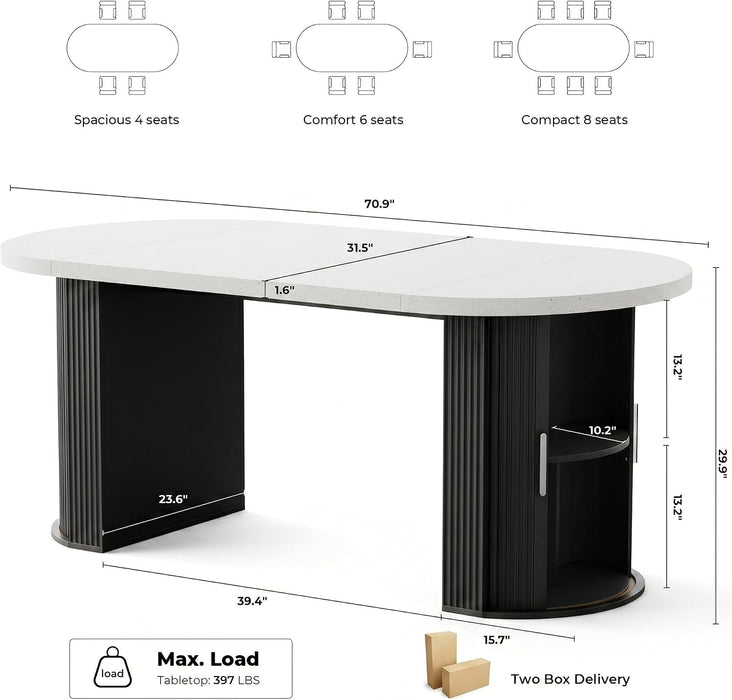 71" Oval Dining Table with Storage, Fluted Base, Black | Seats 4-6 for Daily Dining and up to 8 for Gatherings; 397 Lb Capacity, Hidden Storage, and Faux Quartz Finish.
