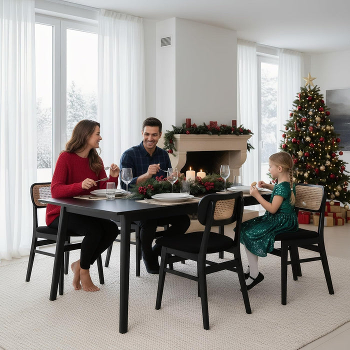 Black Rattan Dining Chairs Set of 4 Lambswool Dining Room Chairs Natural Wooden Kitchen Chairs Farmhouse Boho