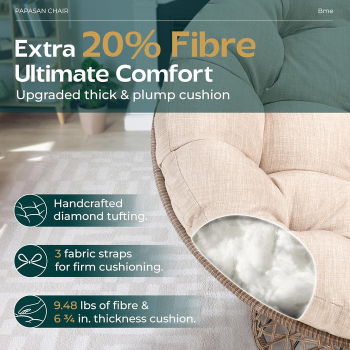 Metal Oversized Swivel Papasan Chair, Living Room Chair with Beige Cushion, Brown Frame, 360° Swivel, Skillfully Woven Resin Wicker, 46 Inch Wide, Bee-Designed Base, Modern Style, Indoor Use