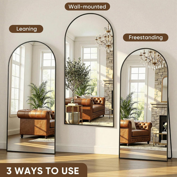 Full Length Mirror, 76"X34" Floor Mirror with Stand, Hanging Mounted Mirrors for Bedroom, Living Room, Cloakroom, Dining Room, Black, Arched