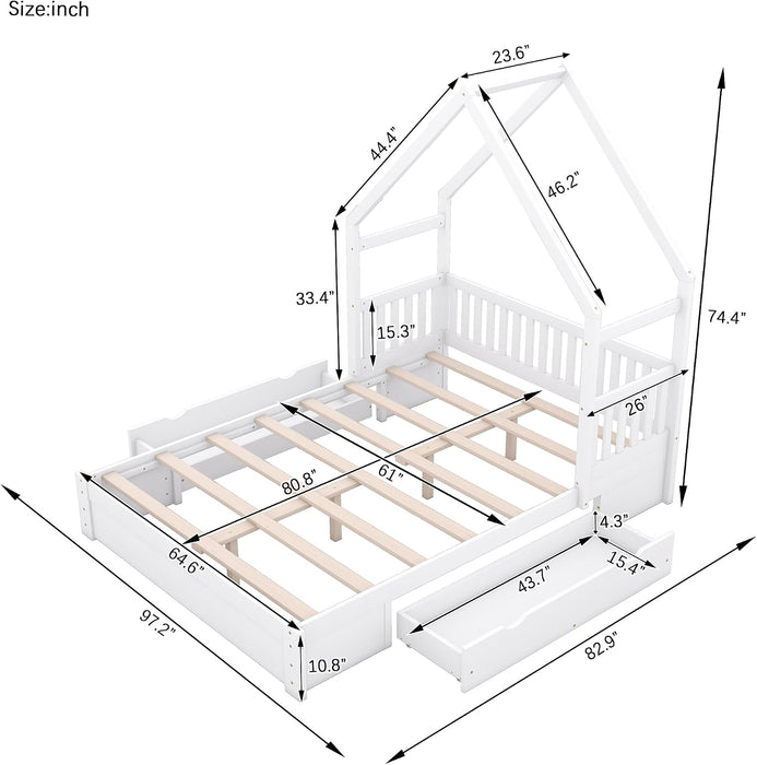 Queen Size Kids HouseBedFrame With UnderBedStorageDrawers