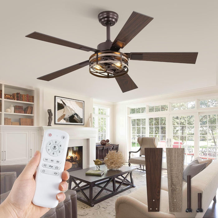 48" Farmhouse Ceiling Fans with Light & Remote, 6-Speed Caged