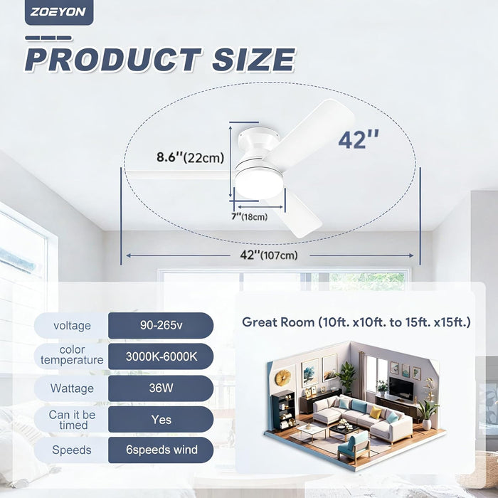42 Inch White Ceiling Fan RemoteControl DimmableLight