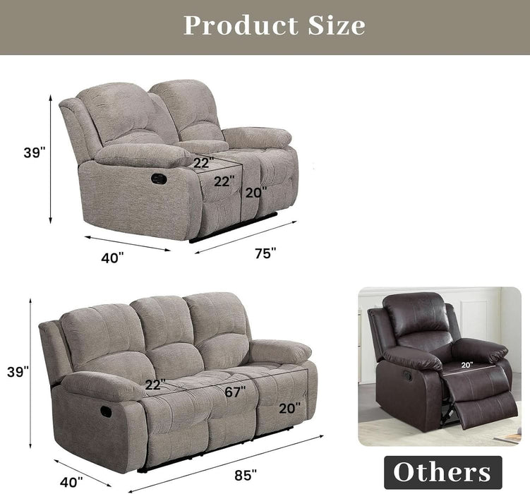 Soft Microfiber Reclining Sofa Set, Drop down Table, Cupholder Console, Living Room Set, Sofa Loveseat Glider Chair 8018M (Light Grey, Sofa+Loveseat)