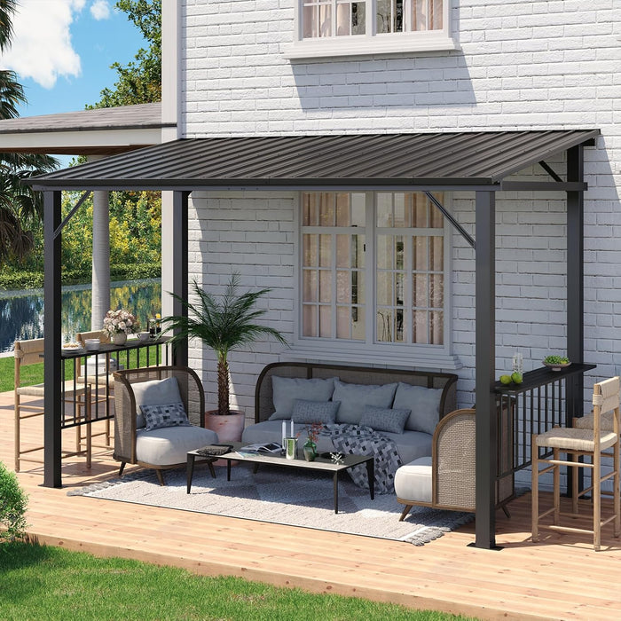 12X6Ft Hardtop Gazebo, All-Weather Outdoor BBQ Canopy with Sloping Steel Roof, Grill Gazebo with 2 Side Shelves & Hooks, Permanent Metal Gazebo for Patio, Backyard, Deck