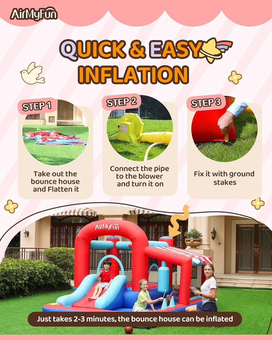 Inflatable Bounce House with Slide, Jumping Castle with Blower,Children Outdoor Playhouse with Jumping Ball Pit&Basketball Hoop&Target Balls