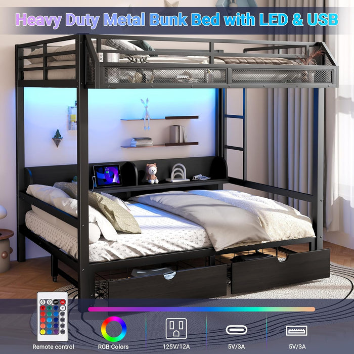 Queen Over Queen Metal Bunk Bed USBChargingPortsAndLED