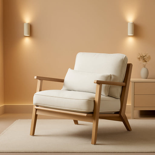 Solid Wood Wide Armrests Accent Chair,Upholstered Mid Century Modern Chair with Pillow,Comfy Reading Chair Farmhouse Arm Chair,Chairs Living Room,Bedroom,Guest Room,Linen Fabric,Beige