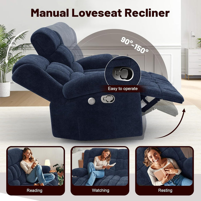 Loveseat Recliner Sofa, 2 Seater Minimalist Style Fabric Manual Pull Tab Reclining Loveseat with USB Charge Ports, Cup Holders, Recliner Love Seat Couches for Living Room, RV, Blue