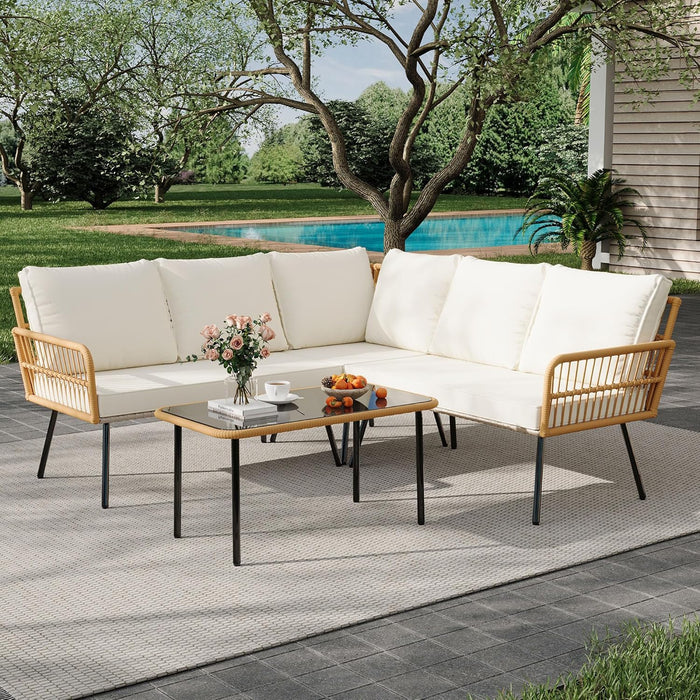 Wicker 4 Pieces Patio Furniture Sets Outdoor Sectional L-Shaped with Cushions & Side Table and Chairs Set, Boho Rattan 5 Seater Conversation Sets for Apartment, Bistro, Backyard,Porch,Beige