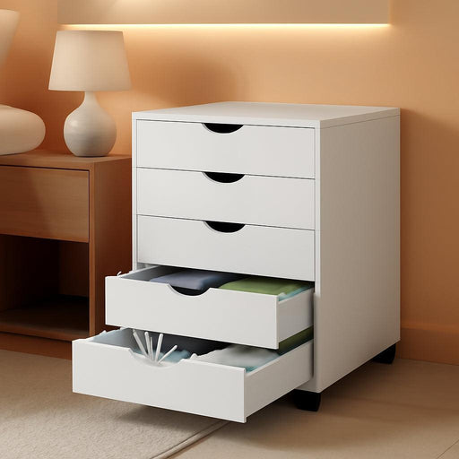White Wooden Five Drawer Dresser On ReinforcedCasters