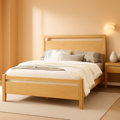 Queen Size Solid Wood Bed Frame with Headboard, Minimalist Platform Bed with Wood Slats Support/No Box Spring Needed/Easy Assembly/Noise-Free, Natural