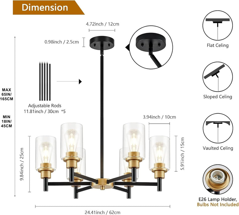 Six Light Black Gold Chandelier Fixture ClearGlassShades