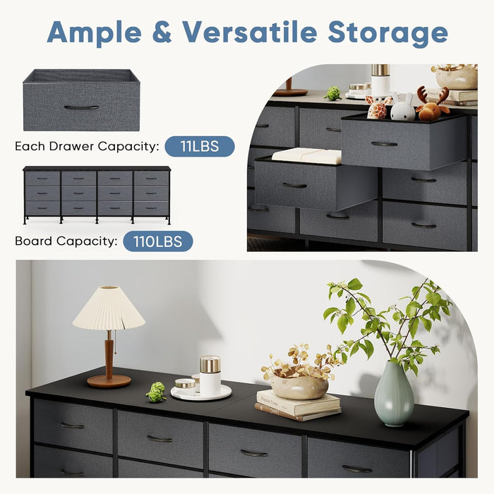 TV Stand Dresser with 12 Fabric Drawers, Large Fabric TV Consoles for Living Room & Bedroom up to 80'' Tvs, Wood Top Entertainment Center in 70.86" D X 13.77" W X 26.49" H, Grey