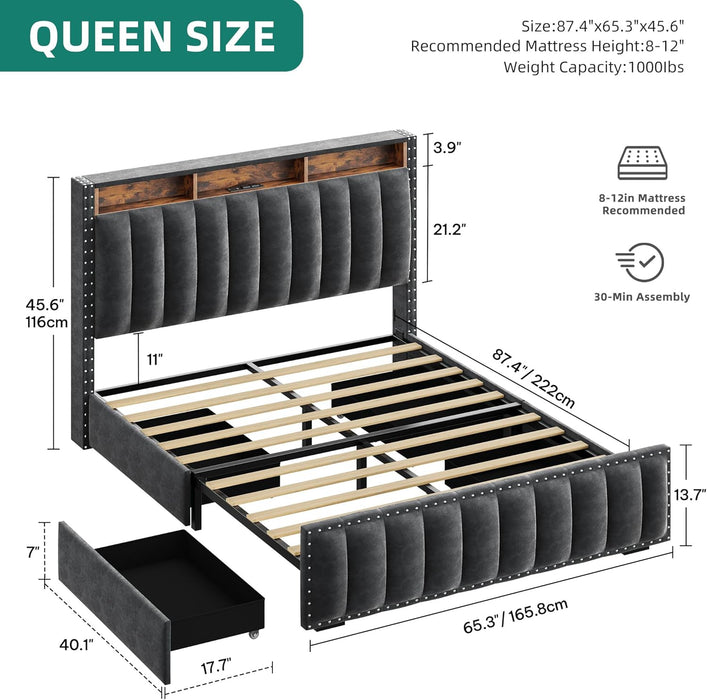 Queen Size Bed Frame with 4 Storage Drawers and RGB LED Lights, Velvet Upholstered Platform Bed with Charging Station and Bookcase Storage Headboard, No Box Spring Needed, Easy Assembly, Grey