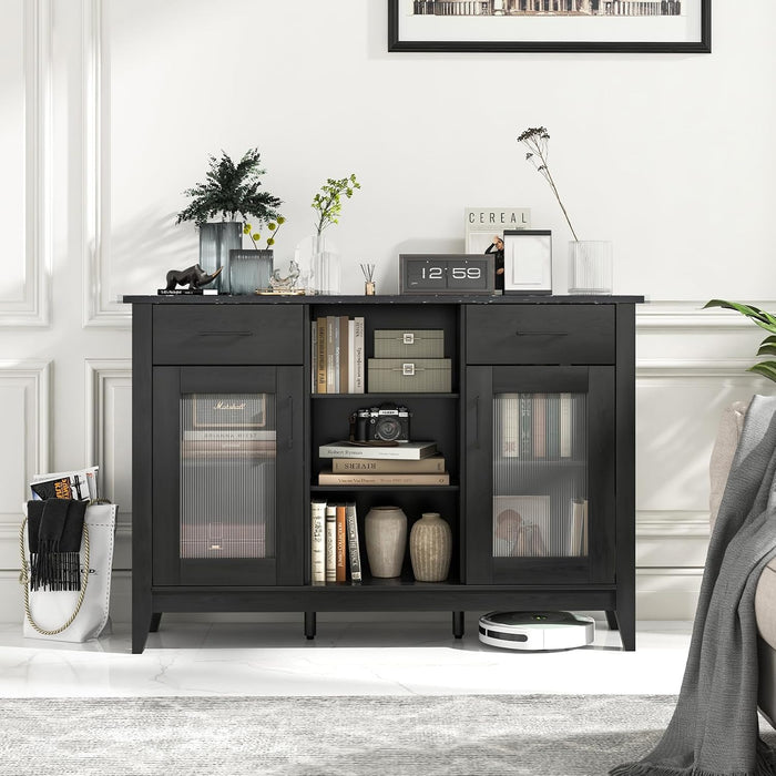 Sideboard Buffet Cabinet with 2 Drawers, Kitchen Storage Cabinet W/2 Doors, Open Compartments, Shelves, Faux Marble Top, Modern Furniture for Living Room, Coffee Bar, Entryway (Black)