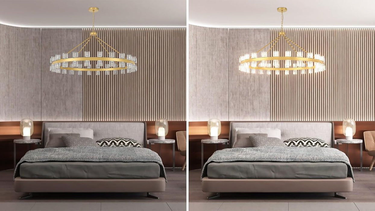 48 Inch Gold Wagon Wheel Chandelier with Crystal Shade, 48 Lights, Modern Farmhouse Style, Ideal for Dining Room, Kitchen, Entryways