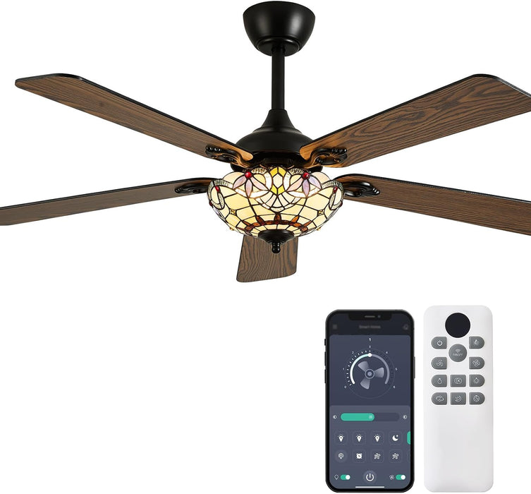 52" Tiffany Style Ceiling Fans with Lights, Red Dot, Black
