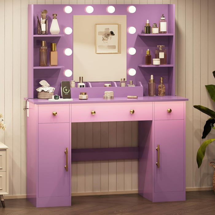 Vanity Desk with Mirror and Lights, Makeup Vanity with Mirror and LED Lights & Power Outlet, 3 Drawers and Cabinets, 3 Lighting Modes Dressing Table Set for Girls Women Bedroom,Purple