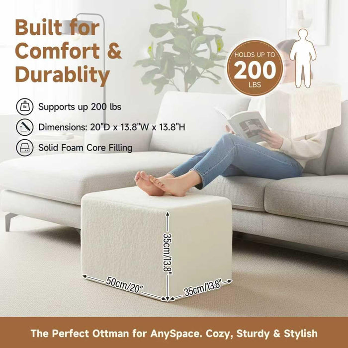 Square Stuffed Pouf Ottoman, Plush Poufs with Foam Chunk Filling, Foot Rest Stool for Living Room, Cream