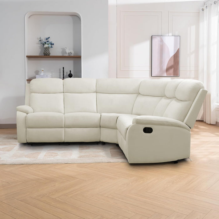 Flannel Recliner Sectional Sofa,Manual Reclining Sectional Couch,Off-White Living Room Furniture Set,5 Seats Recliner Couch for Home Office Apartment Bedroom