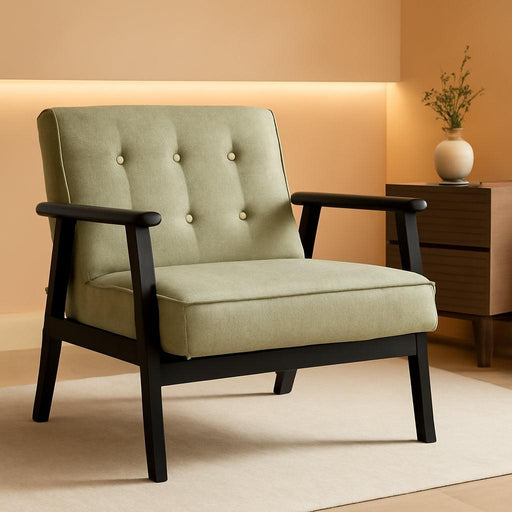 Accent Leisure Chair, Mid-Century Modern Arm Chair with Solid Wood Armrests and Legs, 1-Seat Cushioned Sofa for Living Room Bedroom Balcony Studio, Olive Green ULAC001C01