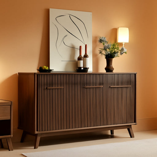 60 Inch Fluted Buffet Sideboard Cabinet, Dark Walnut | Modern Coffee Bar Storage Cabinet with 3 Drawers & 4 Doors, for Dining Room, Living Room, Hallway, Adjustable Shelves